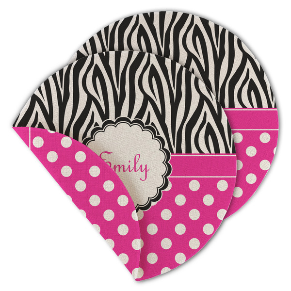 Custom Zebra Print & Polka Dots Round Linen Placemat - Double Sided (Personalized)