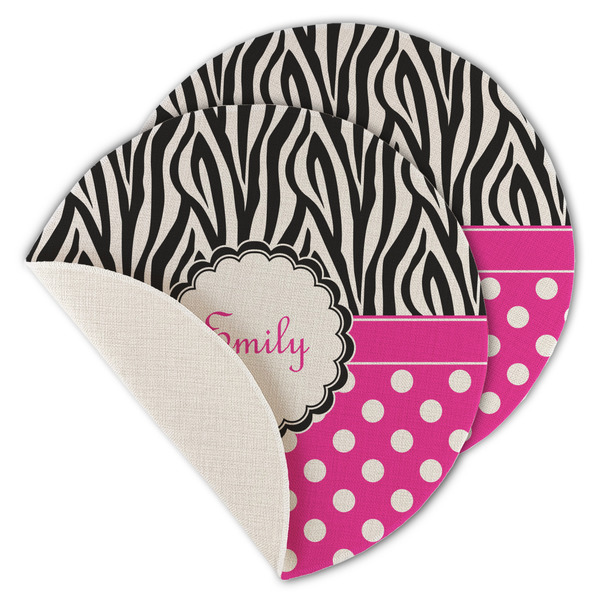 Custom Zebra Print & Polka Dots Round Linen Placemat - Single Sided - Set of 4 (Personalized)
