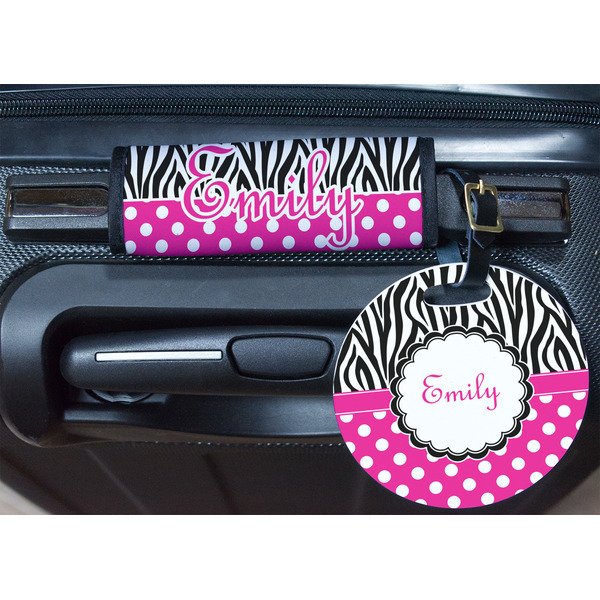 Zebra Print & Polka Dots Round Luggage Tag & Handle Wrap - In Context