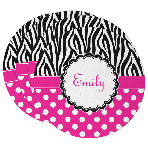 Custom Zebra Print & Polka Dots Round Paper Coasters w/ Name or Text