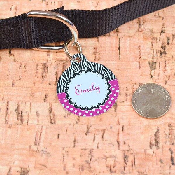 Zebra Print & Polka Dots Round Pet ID Tag - Large - In Context