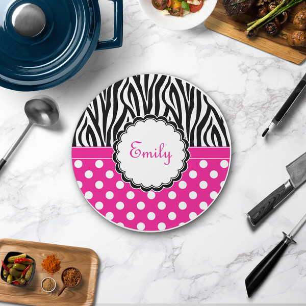 Zebra Print & Polka Dots Round Stone Trivet - In Context View