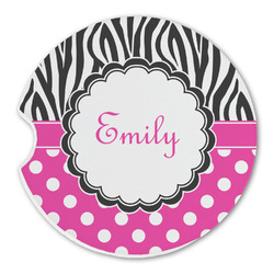 Zebra Print & Polka Dots Sandstone Car Coaster - Single (Personalized)