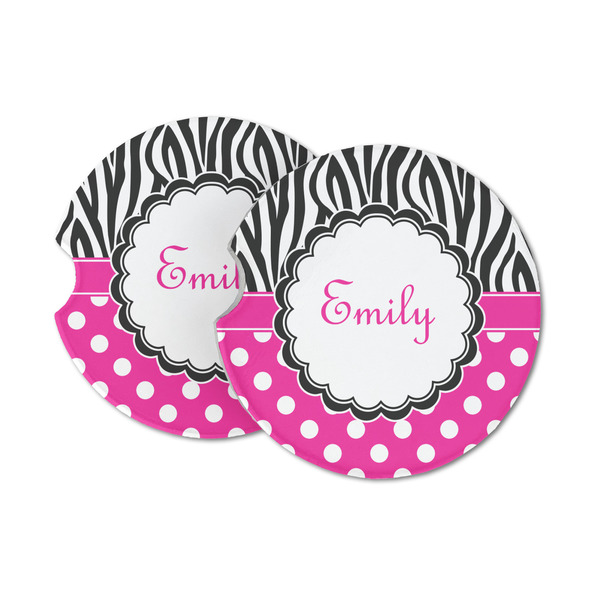 Custom Zebra Print & Polka Dots Sandstone Car Coasters - Set of 2 (Personalized)