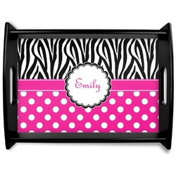 Zebra Print & Polka Dots Black Wooden Tray - Large (Personalized)