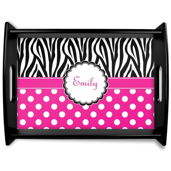 Custom Zebra Print & Polka Dots Black Wooden Tray - Large (Personalized)