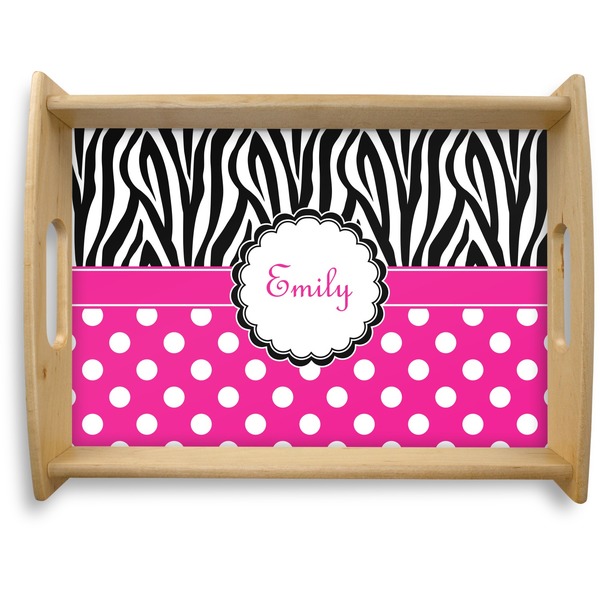 Custom Zebra Print & Polka Dots Natural Wooden Tray - Large (Personalized)
