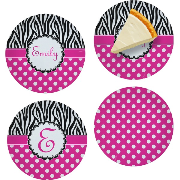 Custom Zebra Print & Polka Dots Set of 4 Glass Appetizer / Dessert Plate 8" (Personalized)