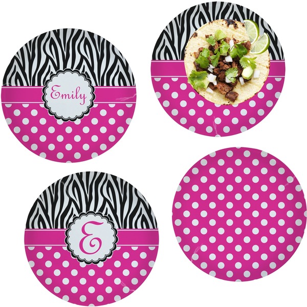 Custom Zebra Print & Polka Dots Set of 4 Glass Lunch / Dinner Plate 10" (Personalized)
