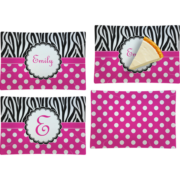Custom Zebra Print & Polka Dots Set of 4 Glass Rectangular Appetizer / Dessert Plate (Personalized)