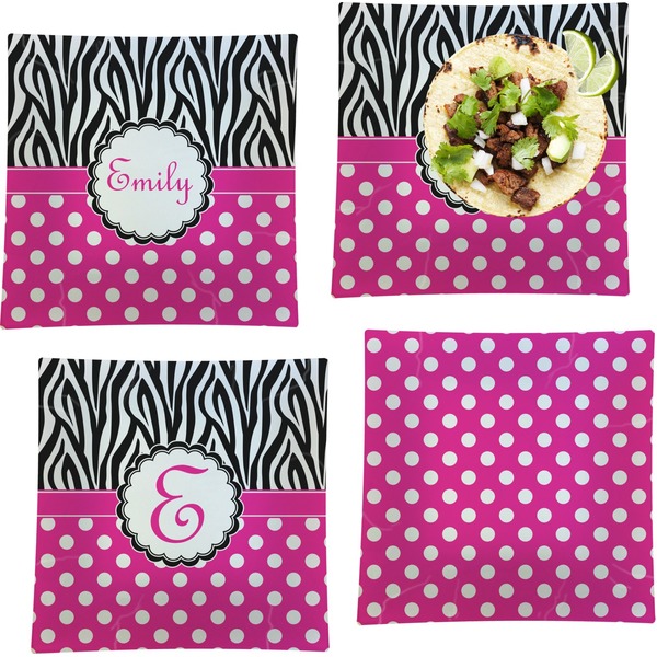 Custom Zebra Print & Polka Dots Set of 4 Glass Square Lunch / Dinner Plate 9.5" (Personalized)