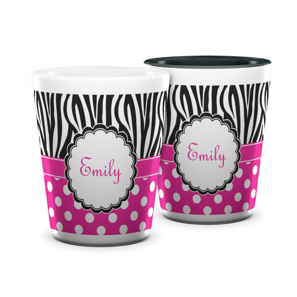 Custom Zebra Print & Polka Dots Ceramic Shot Glass - 1.5 oz (Personalized)