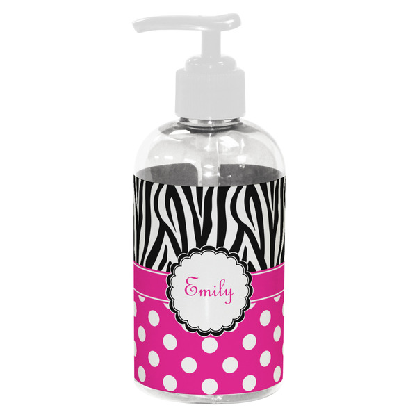 Custom Zebra Print & Polka Dots Plastic Soap / Lotion Dispenser (8 oz - Small - White) (Personalized)