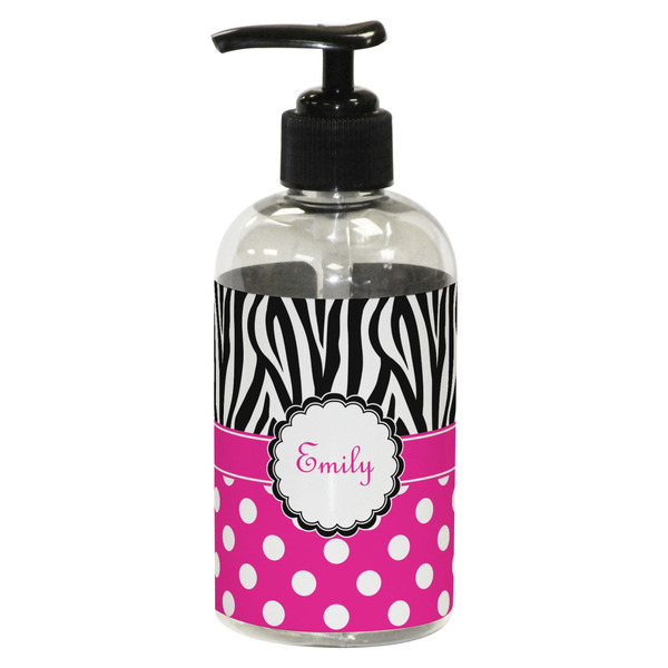 Custom Zebra Print & Polka Dots Plastic Soap / Lotion Dispenser (8 oz - Small - Black) (Personalized)