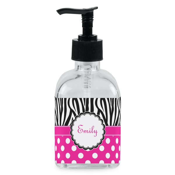Custom Zebra Print & Polka Dots Glass Soap & Lotion Bottle - Single Bottle (Personalized)