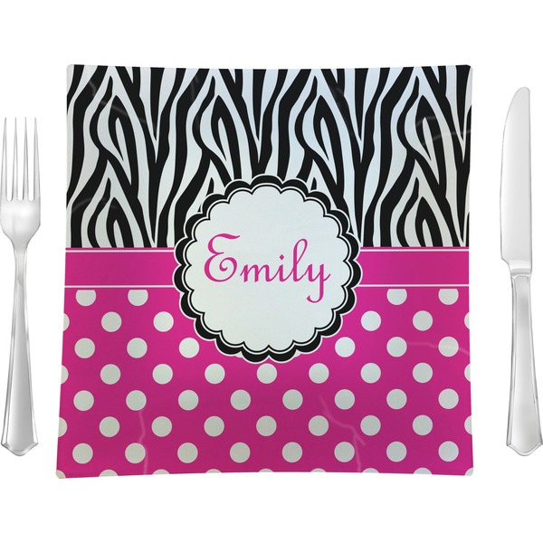 Custom Zebra Print & Polka Dots Glass Square Lunch / Dinner Plate 9.5" (Personalized)