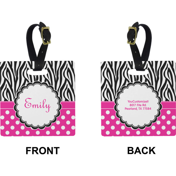 Zebra Print & Polka Dots Square Luggage Tag (Front + Back)