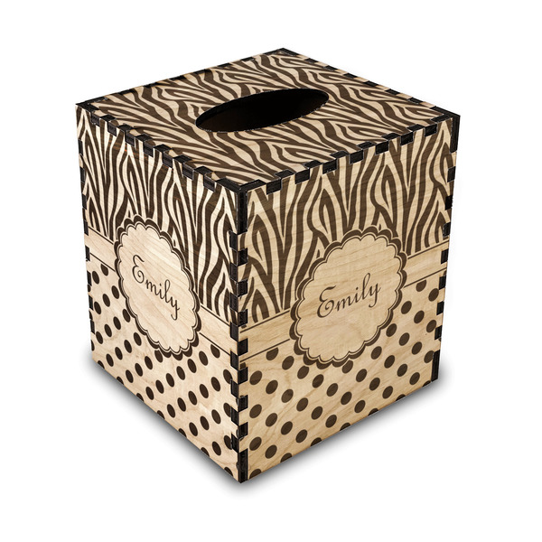 Custom Zebra Print & Polka Dots Wood Tissue Box Cover - Square (Personalized)