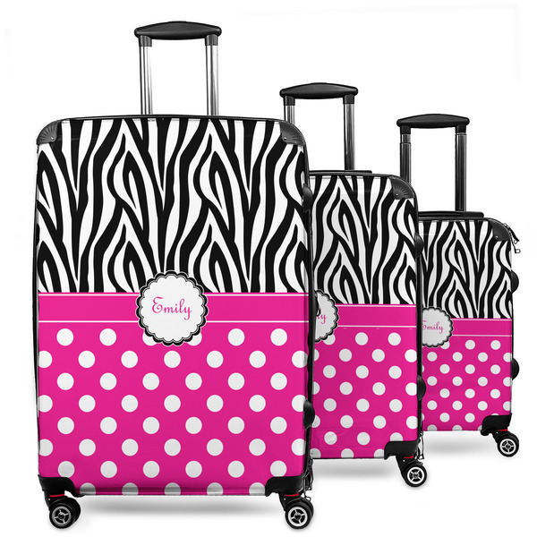 Custom Zebra Print & Polka Dots 3 Piece Luggage Set - 20" Carry On, 24" Medium Checked, 28" Large Checked (Personalized)