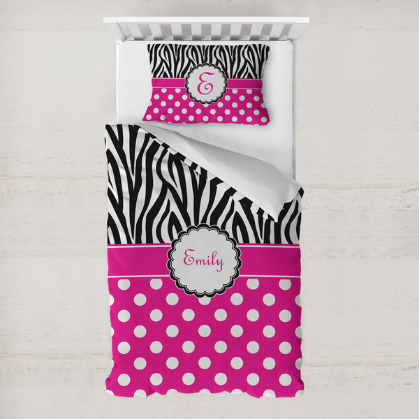 Custom Zebra Print & Polka Dots Toddler Bedding w/ Name or Text
