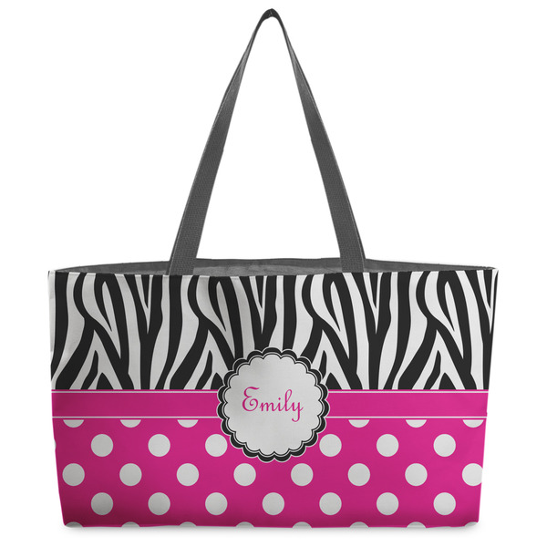 Custom Zebra Print & Polka Dots Beach Totes Bag - w/ Black Handles (Personalized)