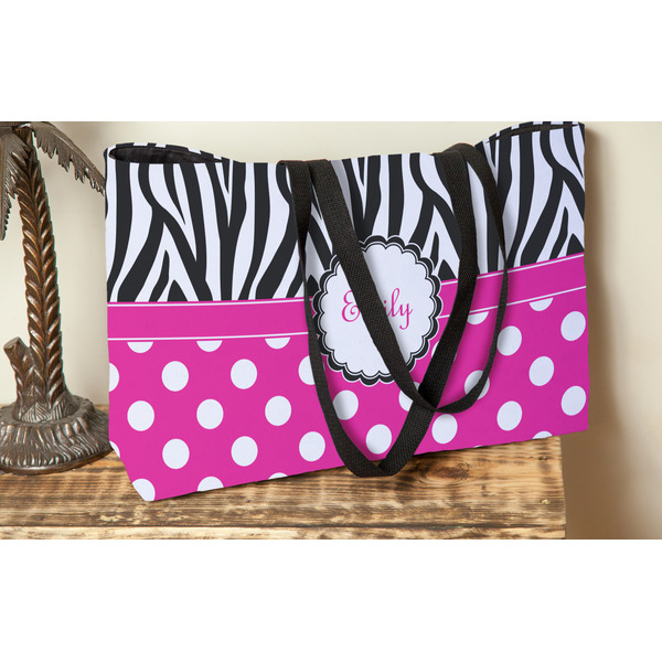 Zebra Print & Polka Dots Tote w/Black Handles - Lifestyle View