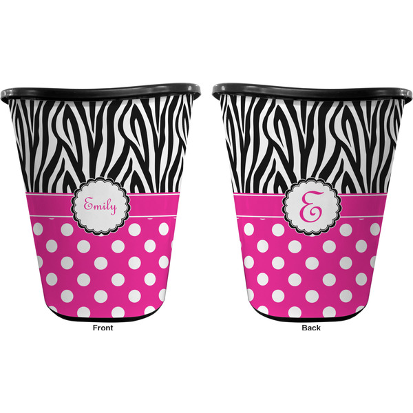 Zebra Print & Polka Dots Trash Can Black - Front and Back - Apvl