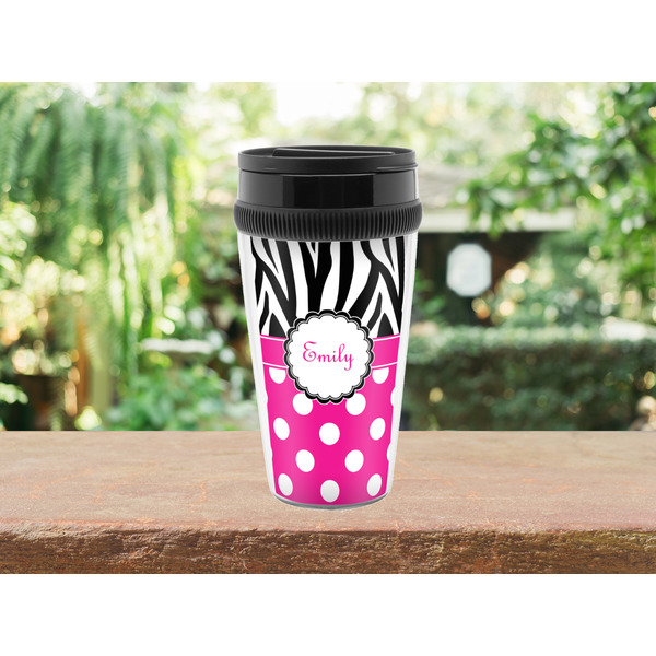 Zebra Print & Polka Dots Travel Mug Lifestyle (Personalized)