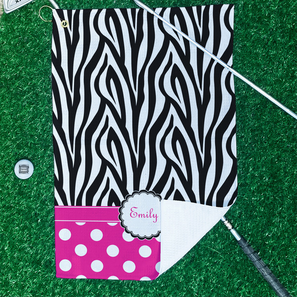Zebra Print & Polka Dots Waffle Weave Golf Towel - In Context