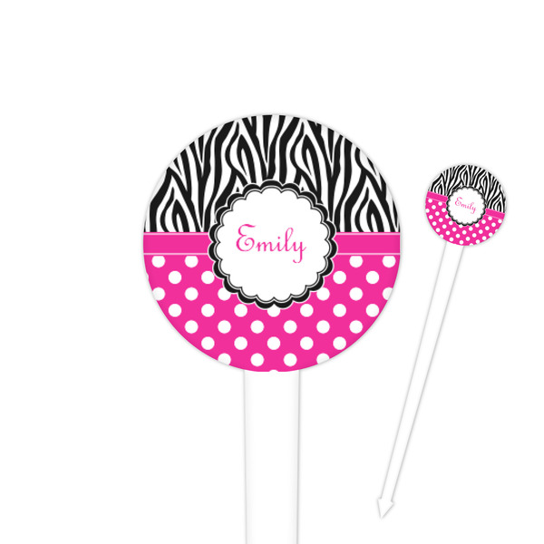 Custom Zebra Print & Polka Dots 4" Round Plastic Food Picks - White - Single Sided (Personalized)