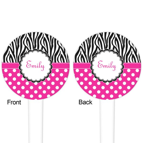 Zebra Print & Polka Dots White Plastic 4" Food Pick - Round - Double Sided - Front & Back