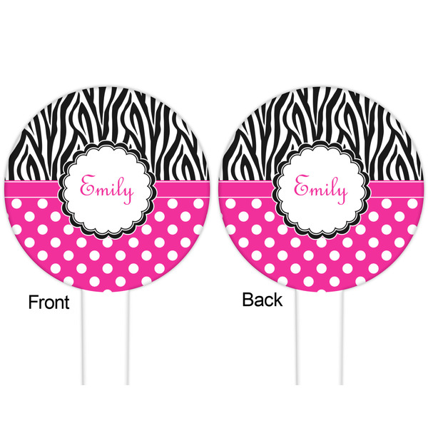 Zebra Print & Polka Dots White Plastic 6" Food Pick - Round - Double Sided - Front & Back