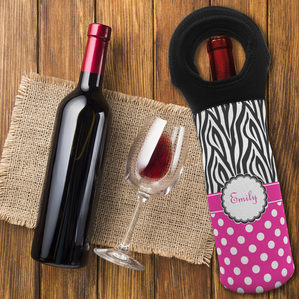 Zebra Print & Polka Dots Wine Tote Bag - FLATLAY
