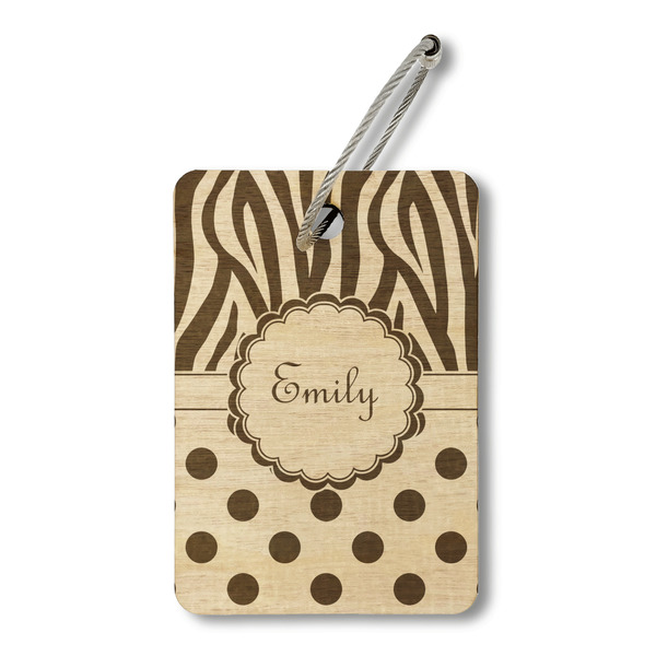 Custom Zebra Print & Polka Dots Wood Luggage Tag - Rectangle (Personalized)