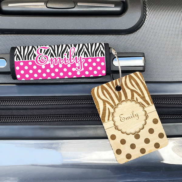 Zebra Print & Polka Dots Wood Luggage Tags - Rectangle - Lifestyle