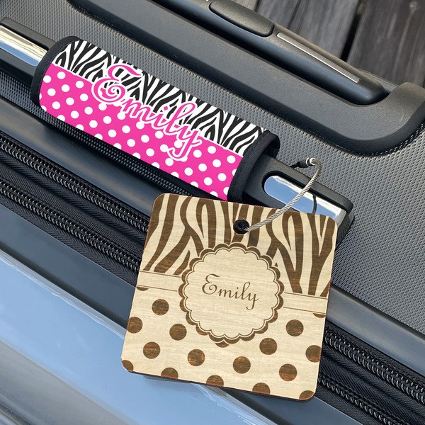 Zebra Print & Polka Dots Wood Luggage Tags - Square - Lifestyle