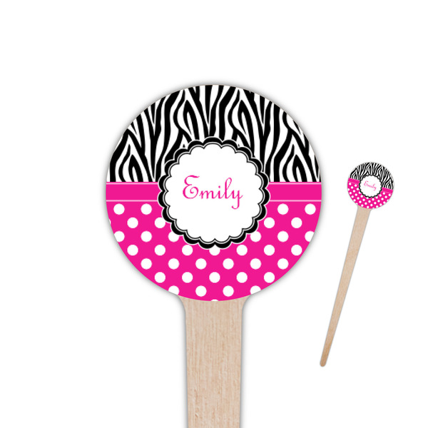 Custom Zebra Print & Polka Dots 4" Round Wooden Food Picks - Single Sided (Personalized)