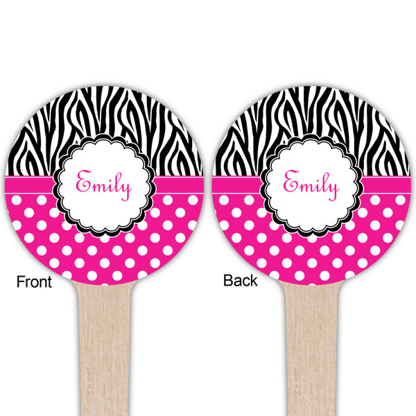 Zebra Print & Polka Dots Wooden 4" Food Pick - Round - Double Sided - Front & Back