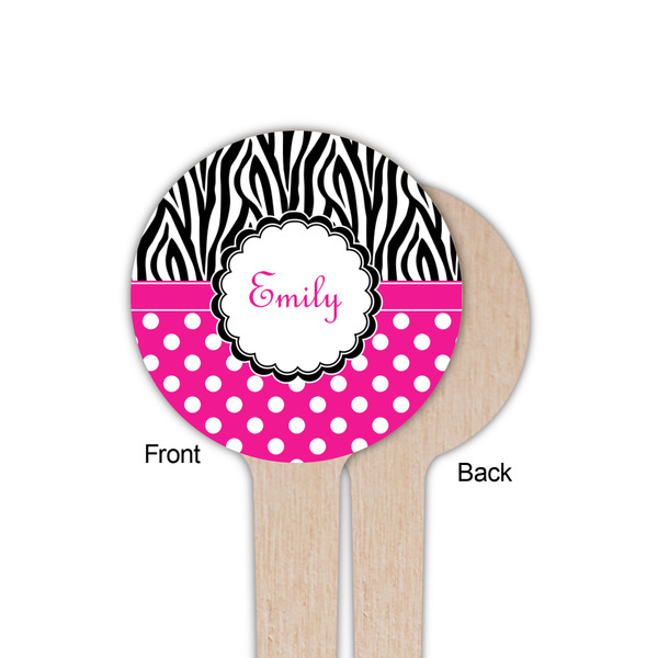 Zebra Print & Polka Dots Wooden 4" Food Pick - Round - Single Sided - Front & Back