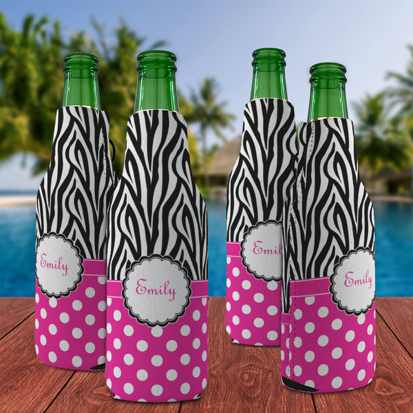 Zebra Print & Polka Dots Zipper Bottle Cooler - Set of 4 - LIFESTYLE