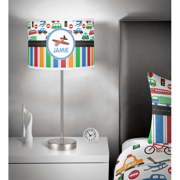 Transportation & Stripes 13 inch drum lamp shade - in room