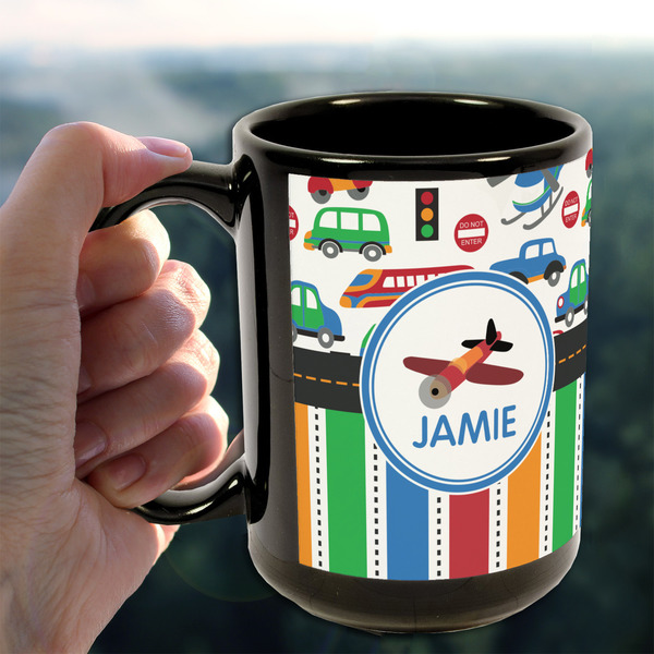 Transportation & Stripes 15oz. Black Mug - LIFESTYLE