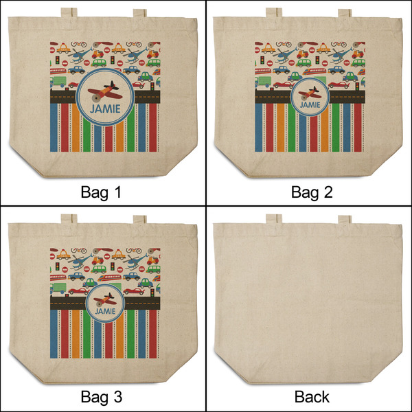 Transportation & Stripes 3 Reusable Cotton Grocery Bags - Front & Back View