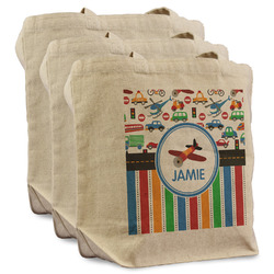 Transportation & Stripes Reusable Cotton Grocery Bags - Set of 3 (Personalized)