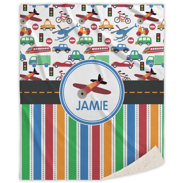 Custom Transportation & Stripes Sherpa Throw Blanket (Personalized)