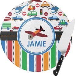 Transportation & Stripes Round Glass Cutting Board - Small (Personalized)
