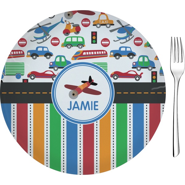 Custom Transportation & Stripes 8" Glass Appetizer / Dessert Plates - Single or Set (Personalized)