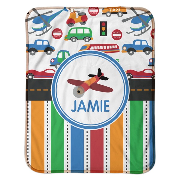Transportation & Stripes Baby Sherpa Blanket - Flat