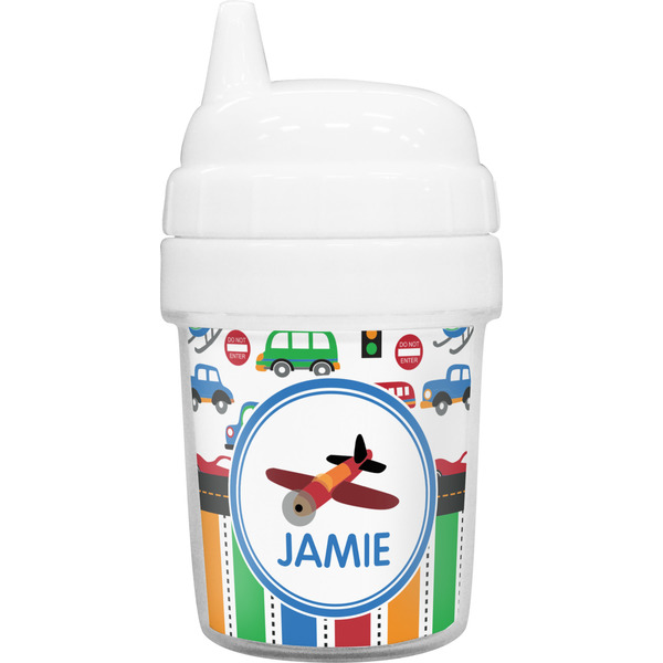 Custom Transportation & Stripes Baby Sippy Cup (Personalized)