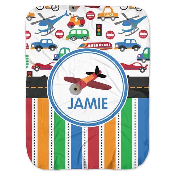 Custom Transportation & Stripes Baby Swaddling Blanket (Personalized)